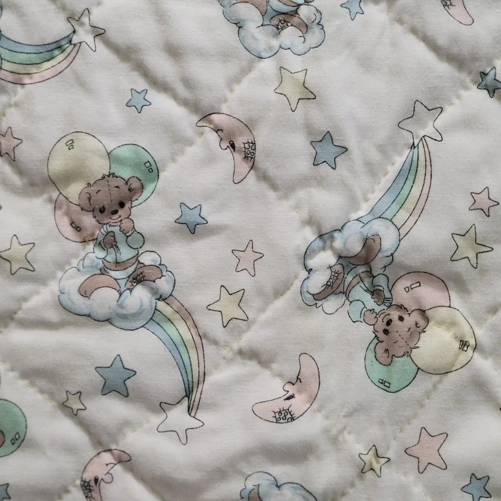 Vintage Precious Moments Bears Baby Quilt Crib Blanket Yellow Satin Trim 36 x 43